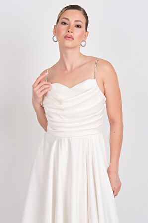 Dans Kadın Taşlı İp Askılı Drapeli Saten Abiye Elbise 1749 Ekru