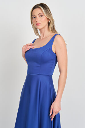 Dans Kadın Kalın Askılı Çift Cepli Saten Midi Abiye Elbise 1726 Saks