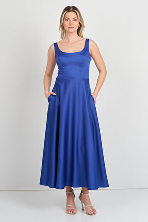 Dans Kadın Kalın Askılı Çift Cepli Saten Midi Abiye Elbise 1726 Saks