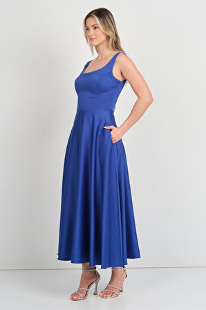 Dans Kadın Kalın Askılı Çift Cepli Saten Midi Abiye Elbise 1726 Saks