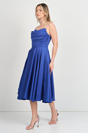 Dans Kadın Taşlı İp Askılı Drapeli Saten Abiye Elbise 1749 Saks