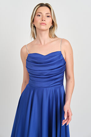 Dans Kadın Taşlı İp Askılı Drapeli Saten Abiye Elbise 1749 Saks