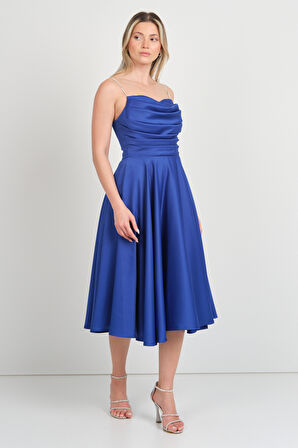 Dans Kadın Taşlı İp Askılı Drapeli Saten Abiye Elbise 1749 Saks