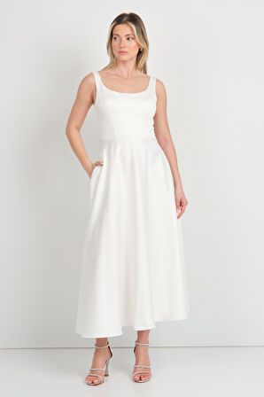 Dans Kadın Kalın Askılı Çift Cepli Saten Midi Abiye Elbise 1726 Ekru