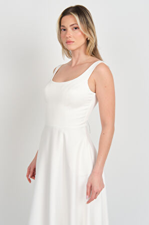 Dans Kadın Kalın Askılı Çift Cepli Saten Midi Abiye Elbise 1726 Ekru