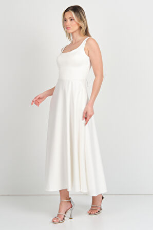 Dans Kadın Kalın Askılı Çift Cepli Saten Midi Abiye Elbise 1726 Ekru