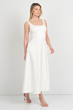 Dans Kadın Kalın Askılı Çift Cepli Saten Midi Abiye Elbise 1726 Ekru