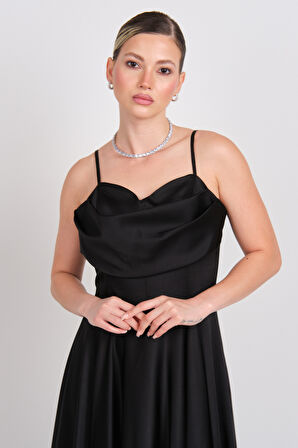 Dans Kadın Askılı Kloş Saten Kumaş Maxi Abiye Elbise 1795 Siyah