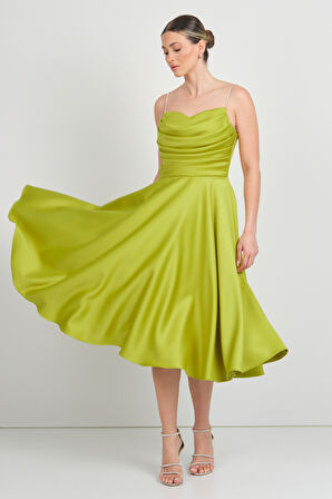 Dans Kadın Taşlı İp Askılı Drapeli Saten Abiye Elbise 1749 Yağ Yeşili