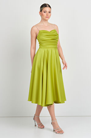 Dans Kadın Taşlı İp Askılı Drapeli Saten Abiye Elbise 1749 Yağ Yeşili