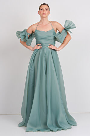 Dans Kadın Seyyar Kol Detaylı Boyundan Bağlamalı Maxi Abiye Elbise 1761 Mint