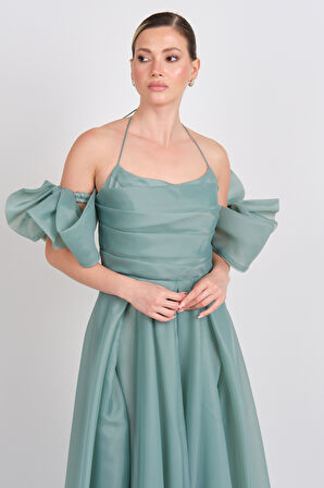 Dans Kadın Seyyar Kol Detaylı Boyundan Bağlamalı Maxi Abiye Elbise 1761 Mint