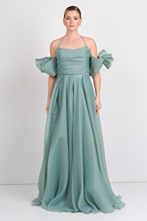 Dans Kadın Seyyar Kol Detaylı Boyundan Bağlamalı Maxi Abiye Elbise 1761 Mint