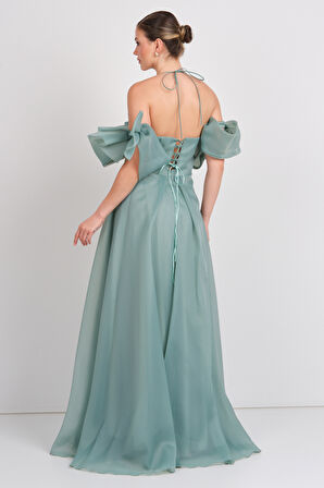 Dans Kadın Seyyar Kol Detaylı Boyundan Bağlamalı Maxi Abiye Elbise 1761 Mint