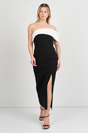 Dans Kadın Kol Detaylı Straplez Midi Abiye Elbise 1816 Siyah