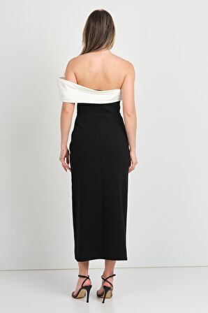 Dans Kadın Kol Detaylı Straplez Midi Abiye Elbise 1816 Siyah