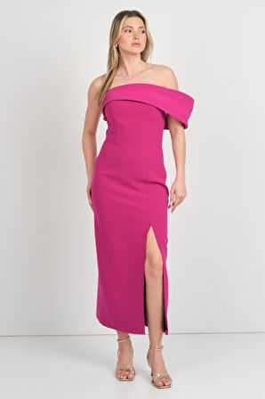 Dans Kadın Kol Detaylı Straplez Midi Abiye Elbise 1816 Fuşya