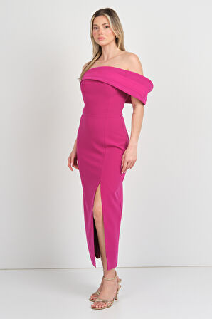 Dans Kadın Kol Detaylı Straplez Midi Abiye Elbise 1816 Fuşya