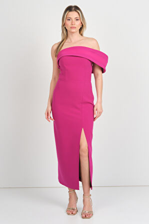 Dans Kadın Kol Detaylı Straplez Midi Abiye Elbise 1816 Fuşya