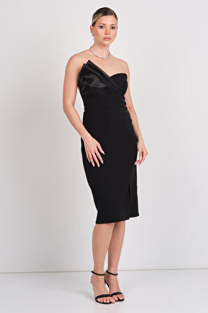 Dans Kadın Straplez Yırtmaçlı Midi Abiye Elbise 1864 Siyah