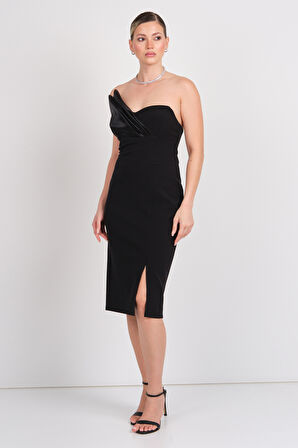 Dans Kadın Straplez Yırtmaçlı Midi Abiye Elbise 1864 Siyah