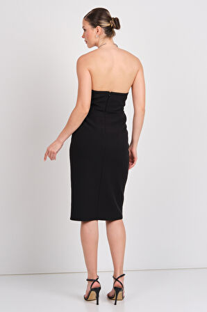 Dans Kadın Straplez Yırtmaçlı Midi Abiye Elbise 1864 Siyah