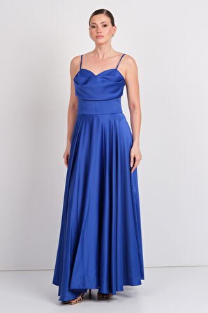 Dans Kadın Askılı Kloş Saten Kumaş Maxi Abiye Elbise 1795 Saks