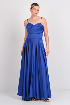 Dans Kadın Askılı Kloş Saten Kumaş Maxi Abiye Elbise 1795 Saks