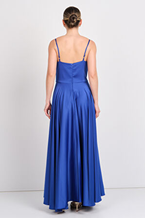 Dans Kadın Askılı Kloş Saten Kumaş Maxi Abiye Elbise 1795 Saks