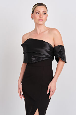 Dans Kadın Tek Kol Detaylı Straplez Maxi Abiye Elbise 1889 Siyah