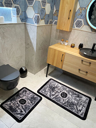 2 li Çiçek Desenli 60x100 - 60x50 Lucky Lateks Taban Banyo Paspas