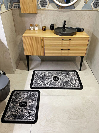 2 li Çiçek Desenli 60x100 - 60x50 Lucky Lateks Taban Banyo Paspas