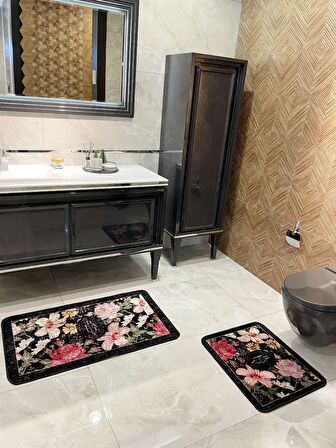 2 li Çiçek Desenli 60x100 - 60x50 Beauty Lateks Taban Banyo Paspas