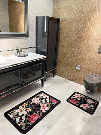 2 li Çiçek Desenli 60x100 - 60x50 Beauty Lateks Taban Banyo Paspas