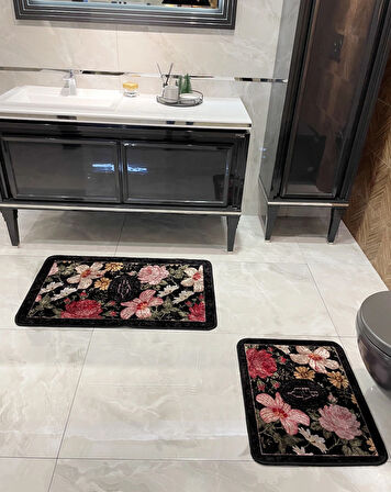 2 li Çiçek Desenli 60x100 - 60x50 Beauty Lateks Taban Banyo Paspas