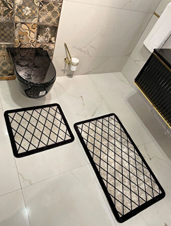 2 li Geometrik Desen 60x100 - 60x50 Lateks Taban Banyo Paspas - BEJ-SİYAH