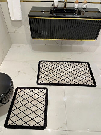 2 li Geometrik Desen 60x100 - 60x50 Lateks Taban Banyo Paspas - BEJ-SİYAH