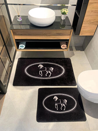 At Desen Horse Desenli 2'li Kaymaz Taban Banyo Paspas Takımı (60x100 - 60x50) Siyah