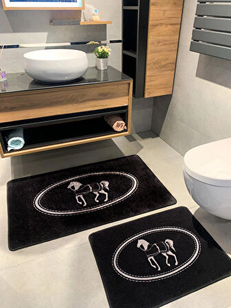 At Desen Horse Desenli 2'li Kaymaz Taban Banyo Paspas Takımı (60x100 - 60x50) Siyah