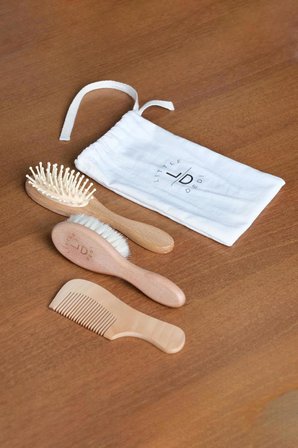 %100 Keçi Kılı Doğal Bebek Saç Fırçası Ve Doğal Kayın Ahşap Tarak 3 lü Set Mini Boy 