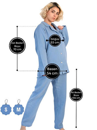 Kadın Müslin Pijama Takımı Düğmeli Yakalı Pijama