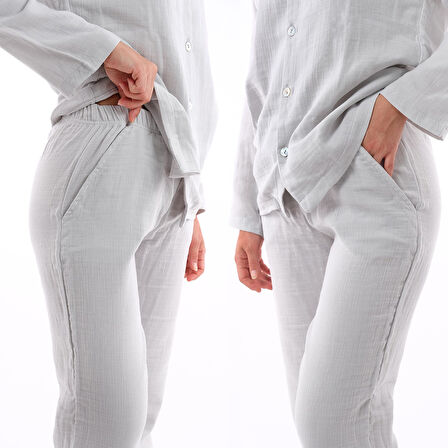 Kadın Müslin Pijama Takımı Düğmeli Yakalı Pijama
