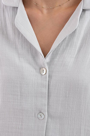 Kadın Müslin Pijama Takımı Düğmeli Yakalı Pijama