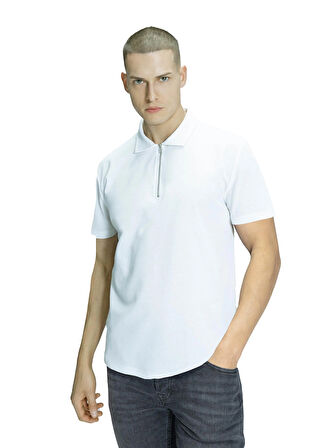 Textured Fermuarlı Polo Yaka T-Shirt