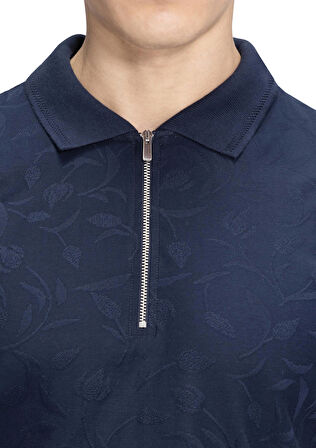 Jacquard Desenli Fermuarlı Polo Yaka T-Shirt