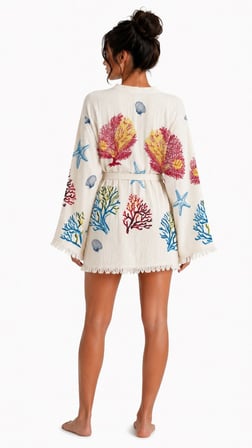 Sedna Kadın Ekru Müslin Kimono Bornoz – Kuşaklı, Püskül Detaylı, Oversize Rahat Kesim Plaj & Ev Giyim