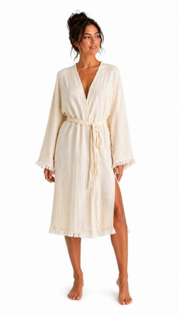 Natural Touch Müslin Kimono Bornoz – Püskül Detaylı Yırtmaçlı Spa & Plaj Kimonosu