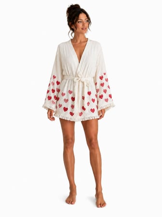 Sedna Kadın Ekru Müslin Kimono Bornoz – Kuşaklı, Püskül Detaylı, Oversize Rahat Kesim Plaj & Ev Giyim