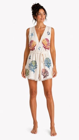 Liora Müslin Kolsuz Kimono Bornoz Kuşaklı Püskül Detaylı Oversize Rahat Kesim Plaj ve Günlük Kullanım