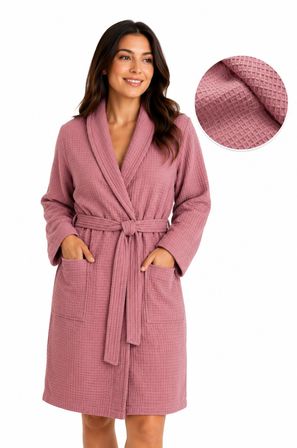 Rose Waffle Premium Bornoz – Yumuşak Havlu İç Yüzeyli, Şal Yakalı, Cepli Kadın Bornozu Standart